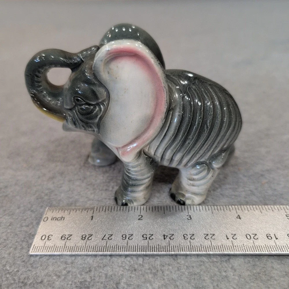 Vintage Hand Painted Japan Ceramic Elephant‎ Figurine Grey Pink Glossy Glaze - Picture 2 of 4